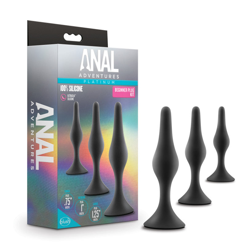 Anal Adventures Platinum Silicone Beginner Plug Kit - Butt Plug Kit - Set of 3 Sizes, featuring three black silicone plugs.