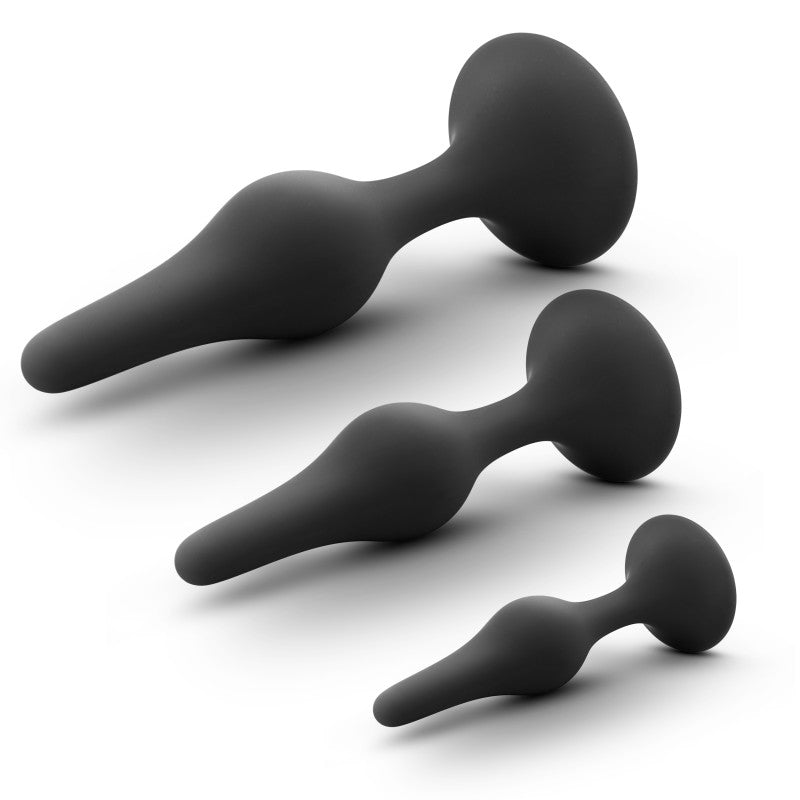 Anal Adventures Platinum Silicone Beginner Plug Kit - Butt Plug Kit - Set of 3 Sizes in black silicone.