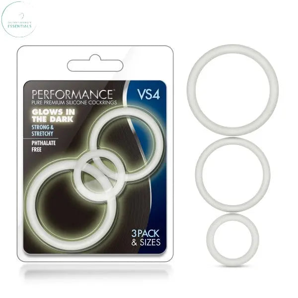 Affordable quality Performance VS4 Pure Premium Silicone Cockrings - Glow In The Dark Cock Rings - Set of 3 Sizes  from Blush Novelties by Discreet Intimate Essentials with Discreet Delivery 