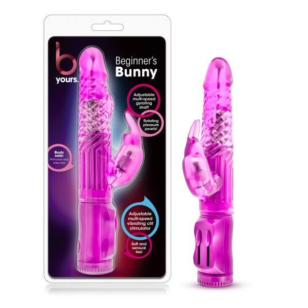 B Yours - Beginner's Bunny -  22.2 cm (8.75'') Rabbit Vibrator in vibrant pink packaging, showcasing adjustable controls.