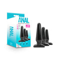 Anal Adventures Basic Plug Kit - Black Butt Plugs - Set of 3 Sizes displayed with packaging.
