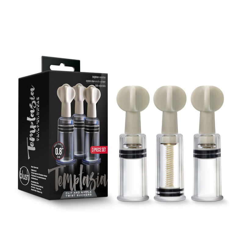 Temptasia Clit & Nipple Twist Suckers -  Suckers - Set of 3 packaging and product display, highlighting intimate essentials.