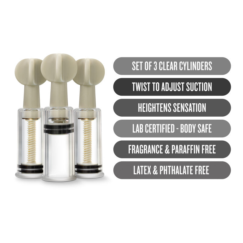 Temptasia Clit & Nipple Twist Suckers -  Suckers - Set of 3, clear cylinders for enhanced suction and sensitivity.