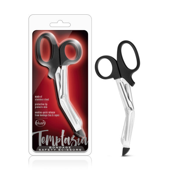 Temptasia Safety Scissors -  Bondage Safety Sisters for safe release from bondage materials, featuring a protective tip and angled handle.