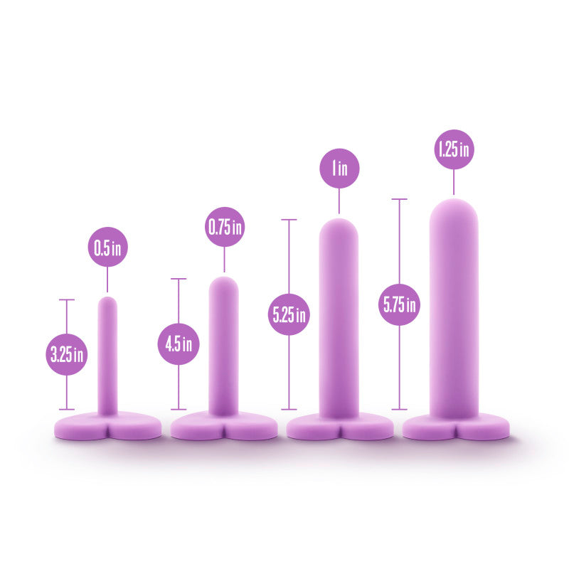 Wellness - Dilator Kit -  Vaginal Dilators - Set of 4 Sizes showcasing 4 purple silicone dilators with size measurements.