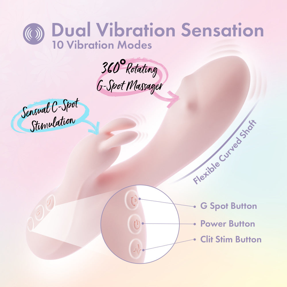 Features of USB rechargeable rabbit vibrator with dual vibration, 10 modes, and flexible curved shaft for G-spot stimulation.
