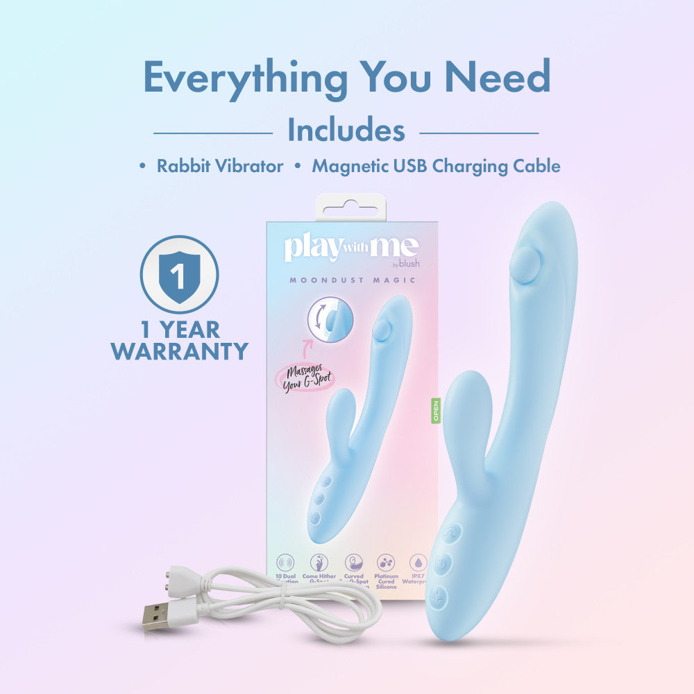 Play With Me - Moondust Magic - 20.3 cm USB Rechargeable Rabbit Vibrator with charging cable and warranty information.
