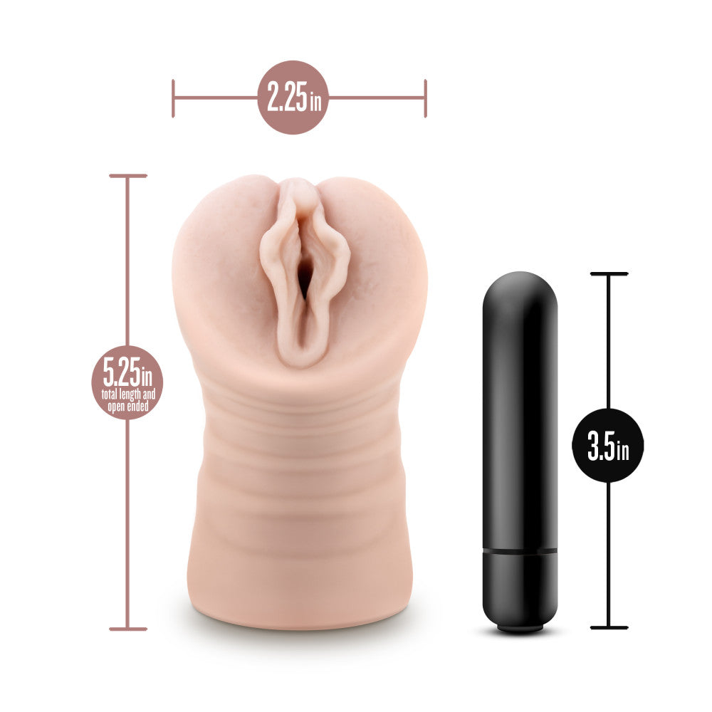 EnLust - Destini -  Vibrating Vagina Stroker, showcasing dimensions of 5.25in total length and 2.25in width, with a sleek vibrating bullet.