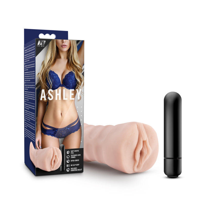M for Men Ashley -  Vibrating Vagina Stroker alongside a vibrating bullet, showcased with packaging for a sexy toy experience.