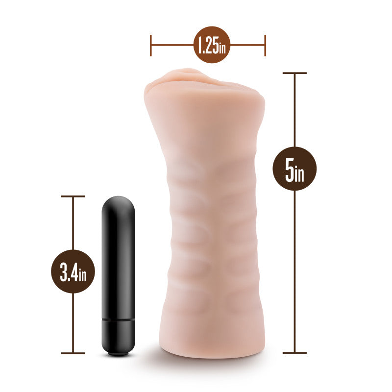 M for Men - Rain -  Vibrating Vagina Stroker with dimensions 1.25 in width and 5 in height next to a black vibrating bullet.
