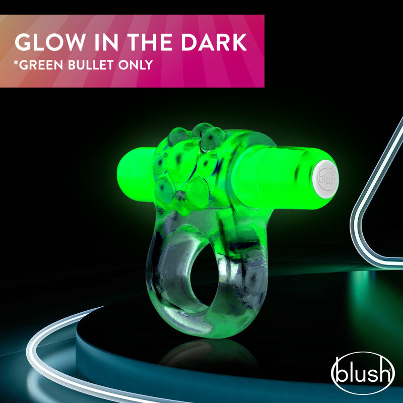 Play With Me Teaser Vibrating C-Ring - G - in glow-in-the-dark design with green bullet, perfect for intimate essentials for her.