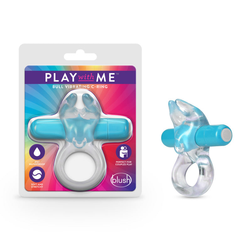 Play With Me Bull Vibrating C-Ring - Clear/ Vibrating Cock Ring packaging with rabbit ears and vibe for pleasure.