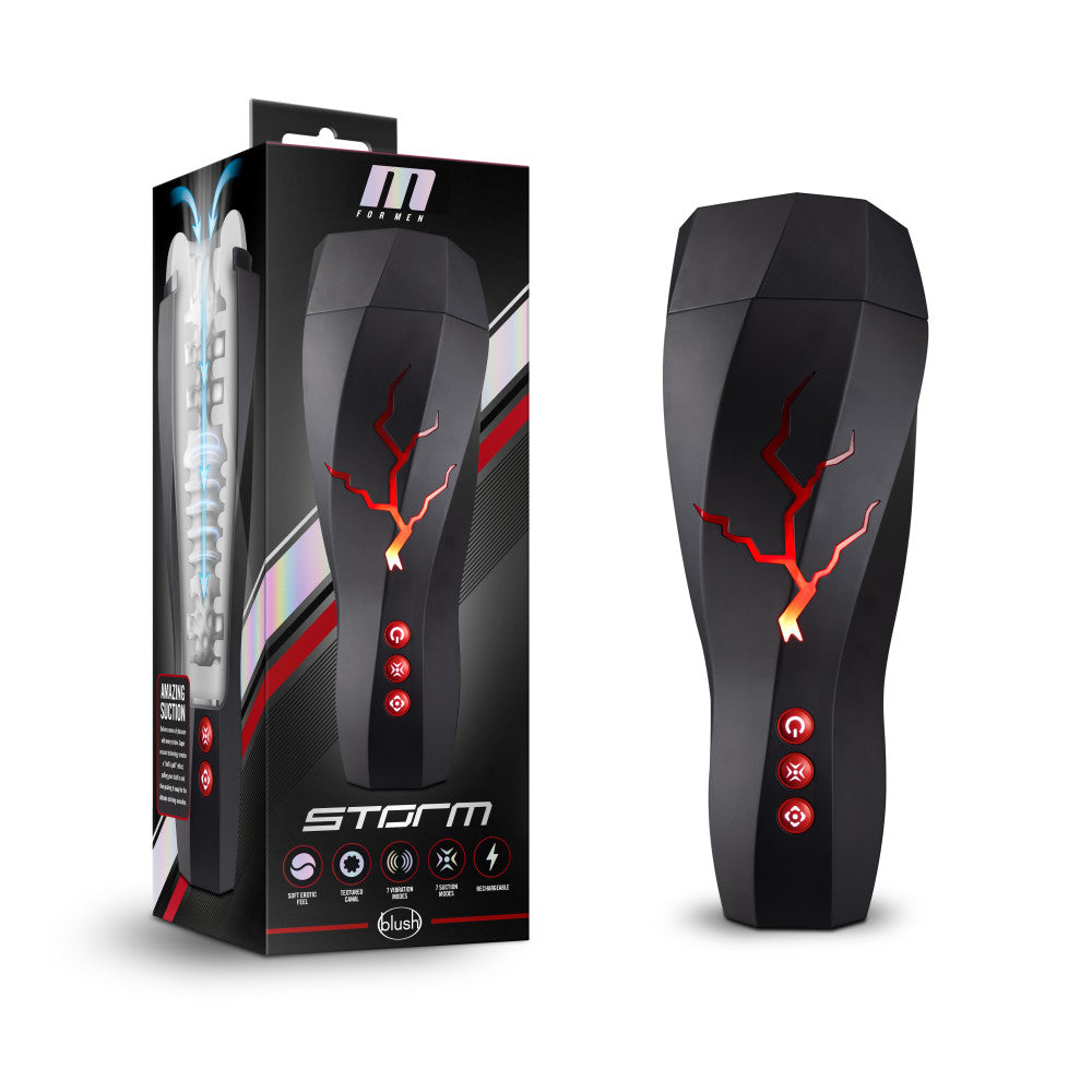 M For Men - Storm - USB Rechargeable Milking & Vibrating Auto Stroker with unique design and packaging.