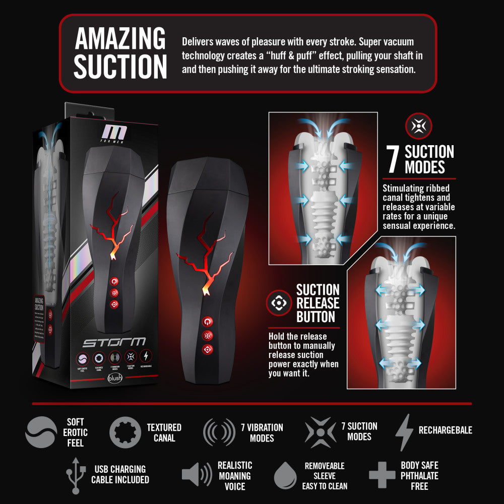 M For Men - Storm - USB Rechargeable Milking & Vibrating Auto Stroker showcasing features like suction modes and ergonomic design.