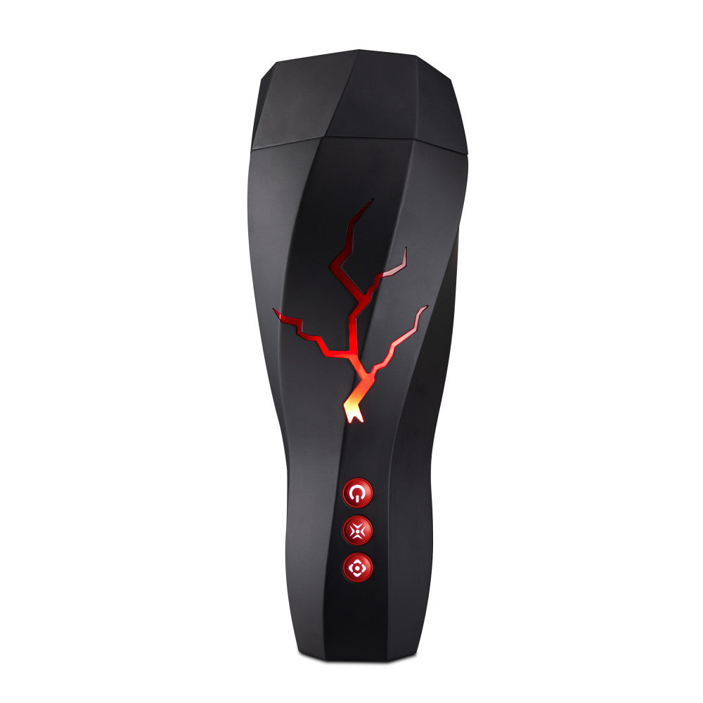 M For Men - Storm - USB Rechargeable Milking & Vibrating Auto Stroker in sleek black design with red accents.
