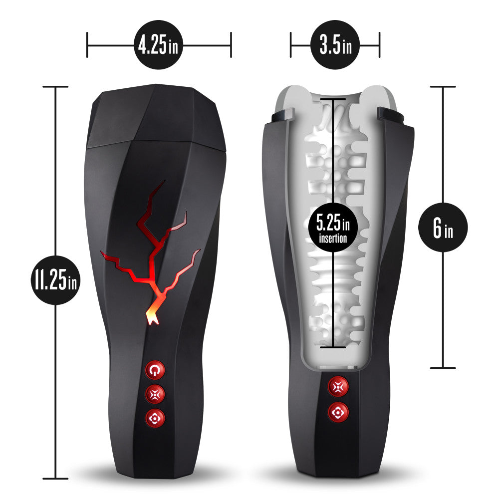 M For Men - Storm - USB Rechargeable Milking & Vibrating Auto Stroker with dimensions 4.25in x 3.5in x 11.25in.