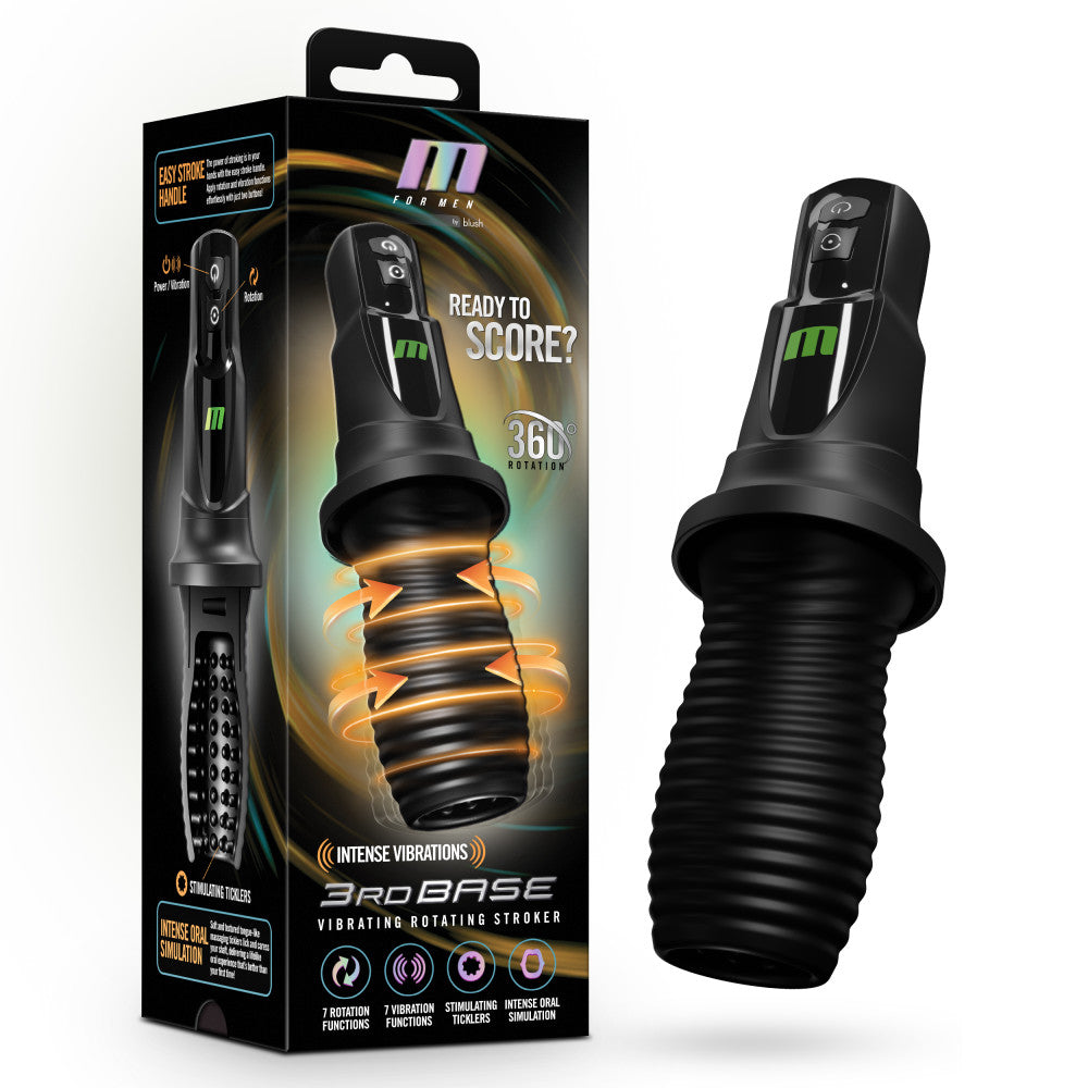 M For Men - 3rd Base - USB Rechargeable Vibrating & Rotating Auto Stroker with sleek design and ergonomic handle.