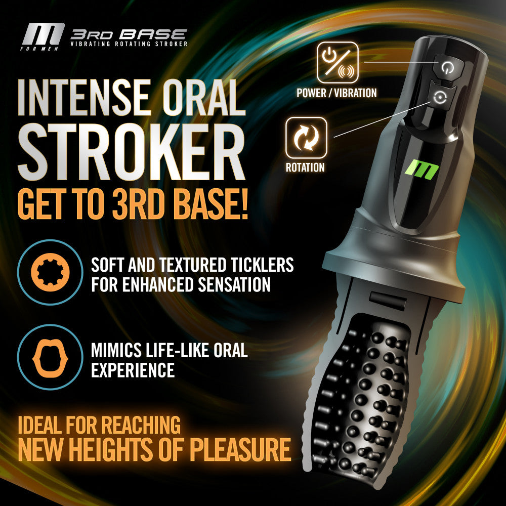 M For Men - 3rd Base -  USB Rechargeable Vibrating & Rotating Auto Stroker showcasing intense oral stroker features.