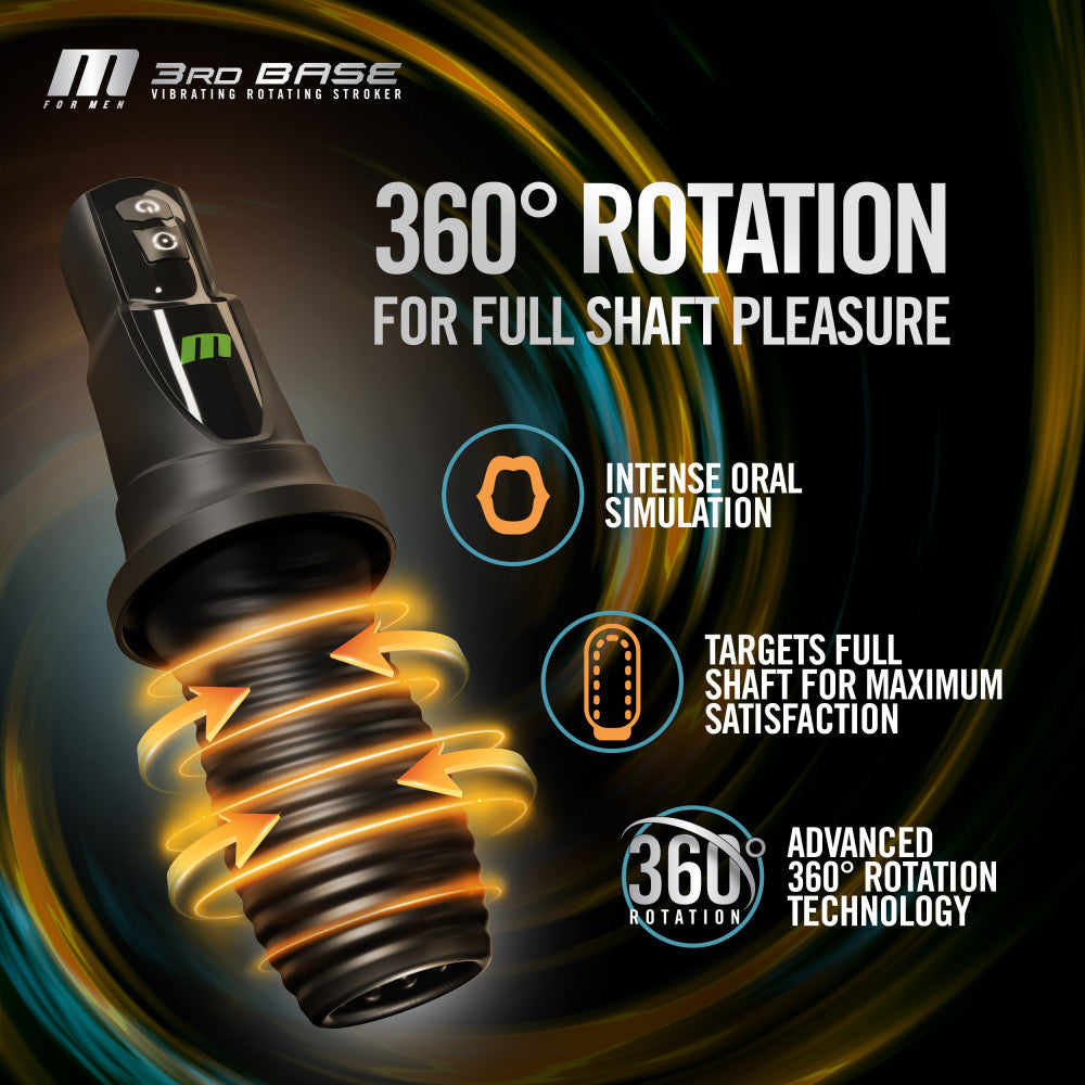 M For Men - 3rd Base - USB Rechargeable Vibrating & Rotating Auto Stroker showcasing 360° rotation for full shaft pleasure.