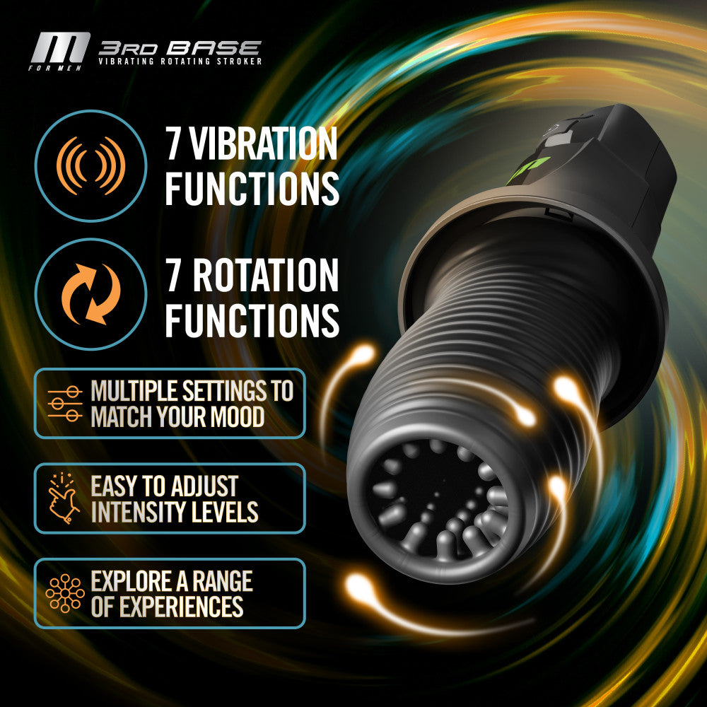 M For Men - 3rd Base - USB Rechargeable Vibrating & Rotating Auto Stroker featuring 7 vibration and rotation functions.