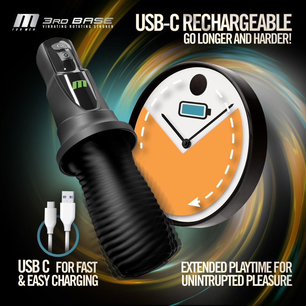 M For Men - 3rd Base -  USB Rechargeable Vibrating & Rotating Auto Stroker with USB-C for fast charging.
