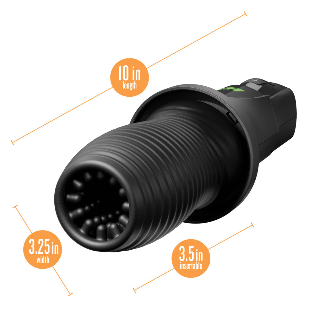 M For Men - 3rd Base -  USB Rechargeable Vibrating & Rotating Auto Stroker dimensions, 10 in length, 3.25 in width, 3.5 in insertable.