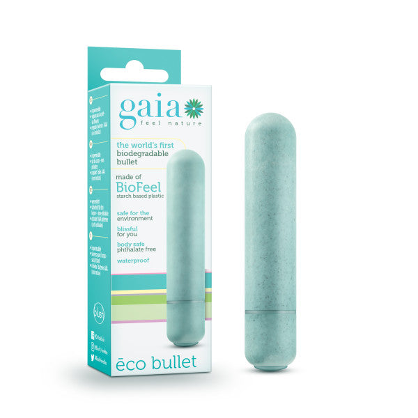 Gaia Eco Bullet - Aqua 8.9 cm (3.5'') Bullet packaging and product image, biodegradable and recyclable vibrator.