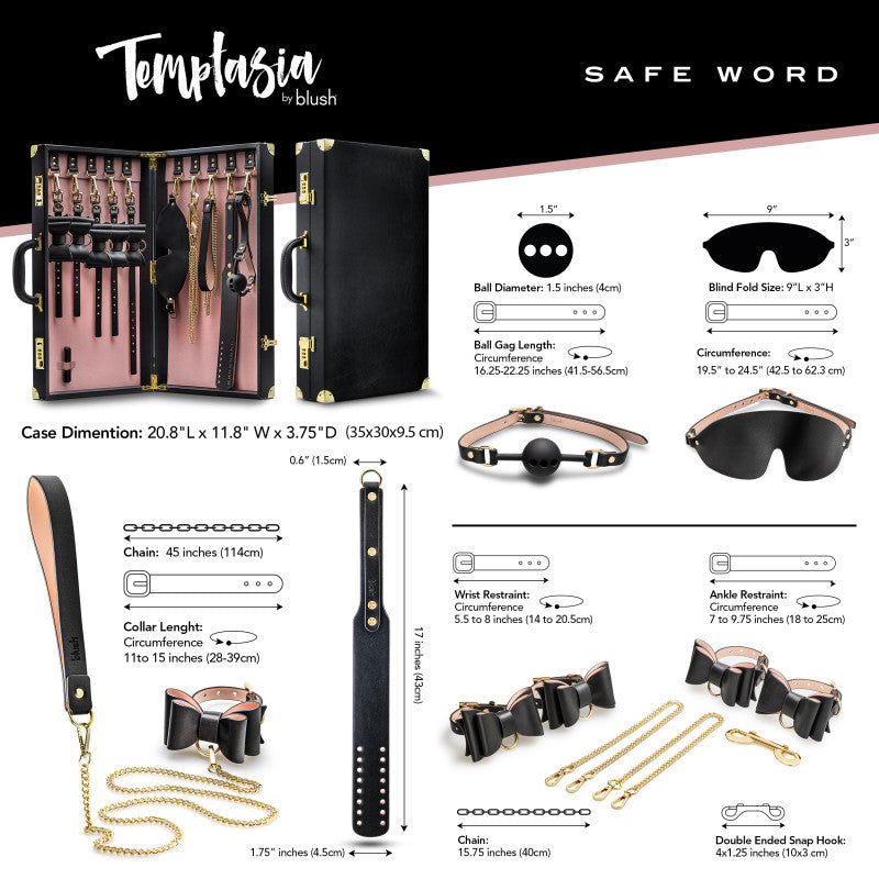 Temptasia Safe Word Bondage Kit with Suitcase - 9 Piece Bondage Set dimensions and contents for BDSM enthusiasts.