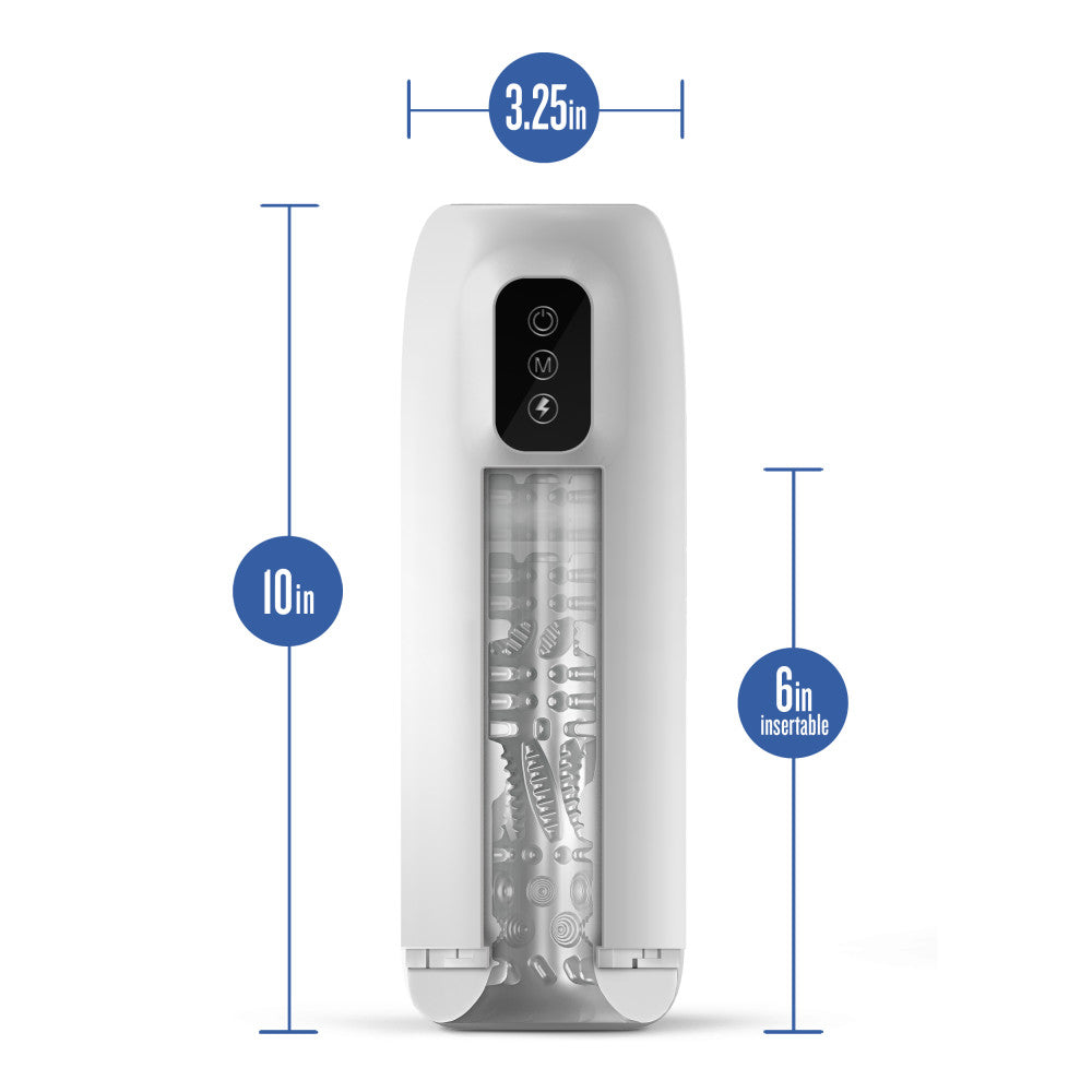 M For Men Robo-Bator -  USB Rechargeable Vibrating Auto Stroker dimensions: 3.25in width, 10in height, 6in insertable length.