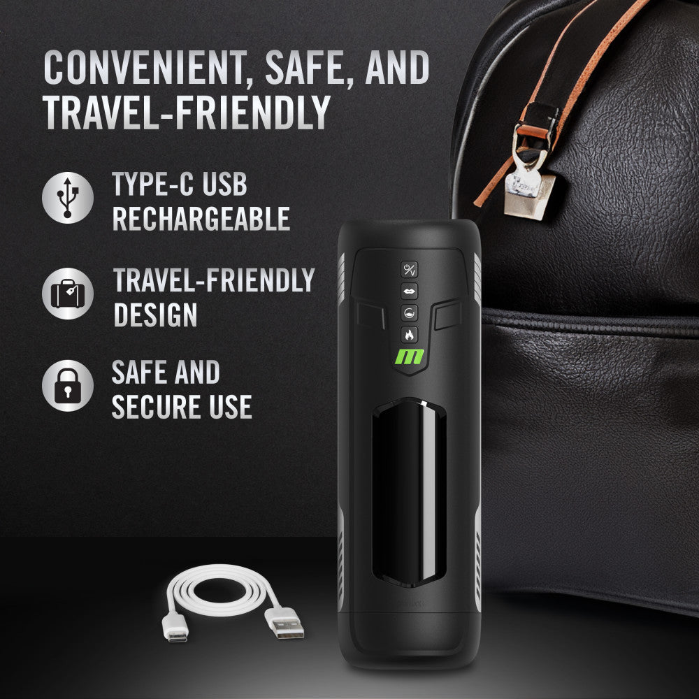 M For Men - Master Blaster - USB Rechargeable Vibrating & Sucking Auto Stroker with travel-friendly design and Type-C USB charging.