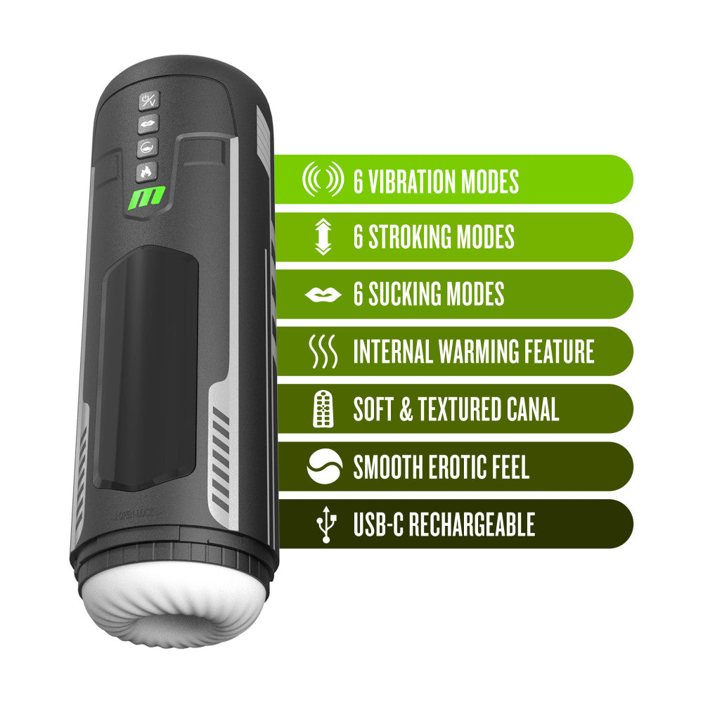 M For Men - Master Blaster - USB Rechargeable Vibrating & Sucking Auto Stroker features 6 vibration, stroking, and sucking modes.