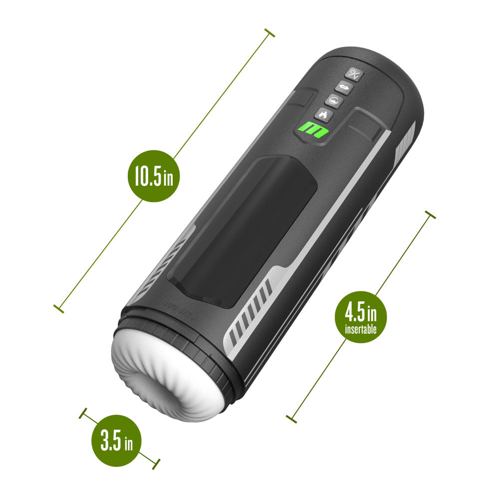 M For Men - Master Blaster - USB Rechargeable Vibrating & Sucking Auto Stroker with dimensions 10.5in x 3.5in x 4.5in.