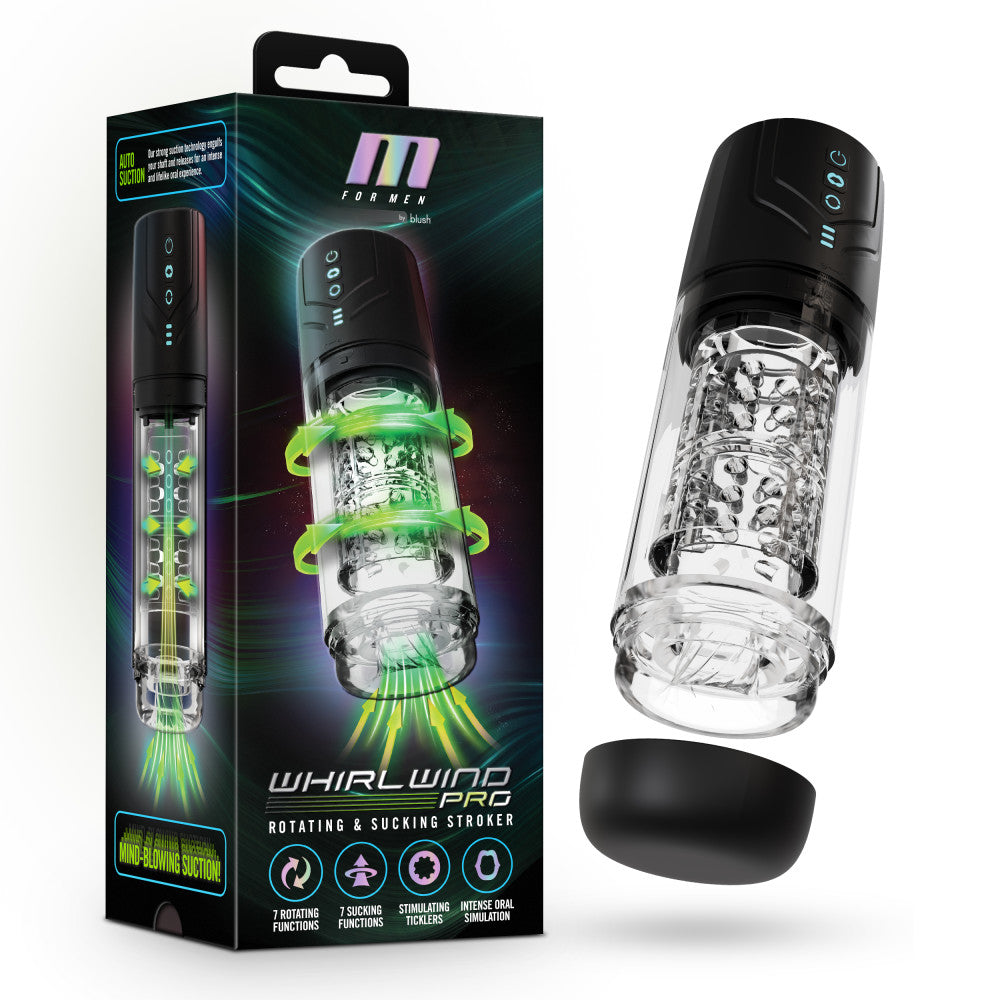 M For Men - Whirlwind Pro - USB Rechargeable Rotating & Sucking Auto Stroker packaging and product showcasing features.