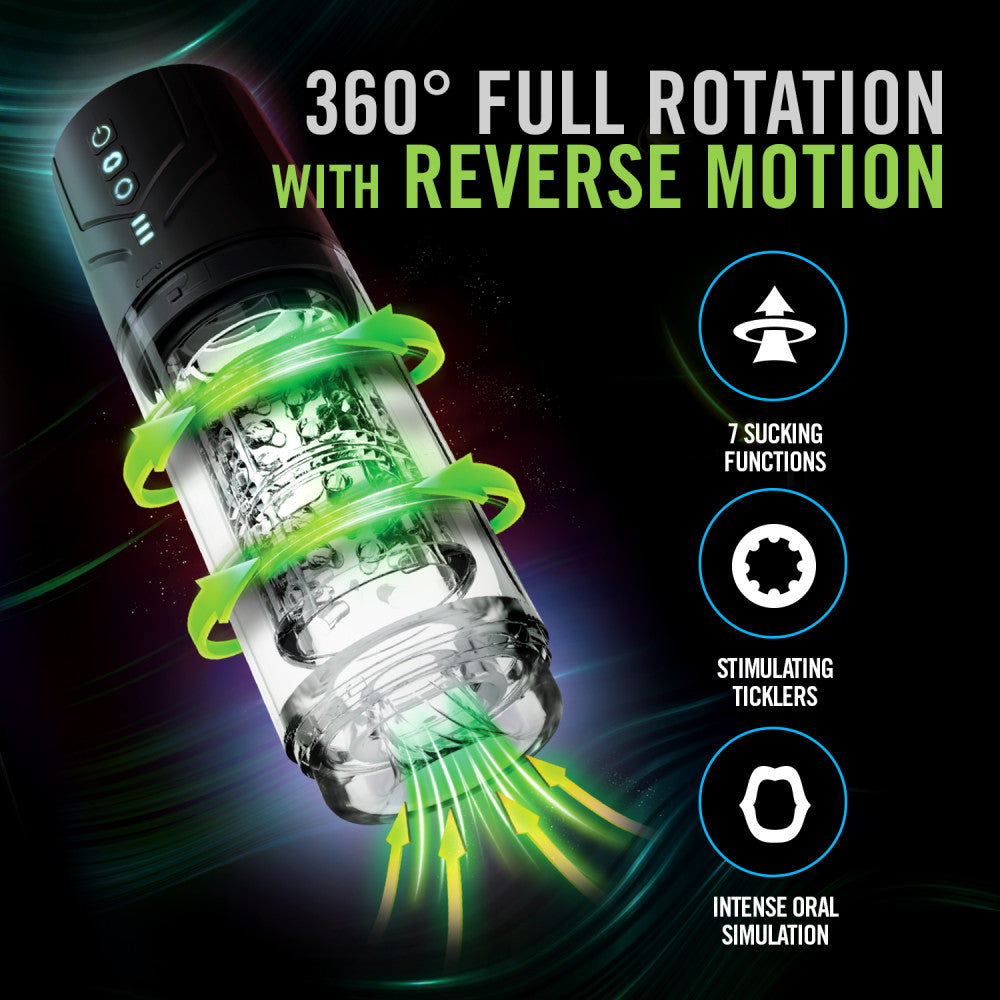 M For Men - Whirlwind Pro -  USB Rechargeable Rotating & Sucking Auto Stroker showcasing 360° full rotation and reverse motion.