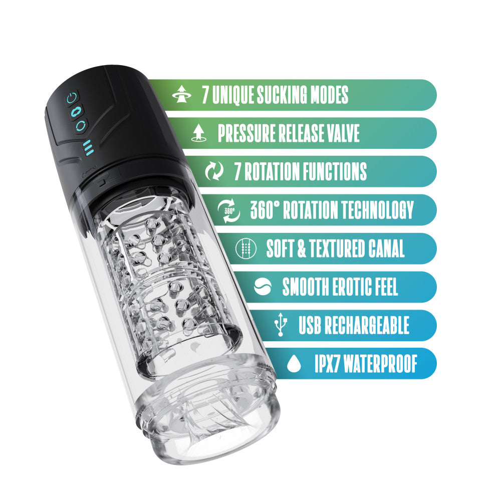 M For Men - Whirlwind Pro - USB Rechargeable Rotating & Sucking Auto Stroker features 7 sucking modes and 360 rotation technology.