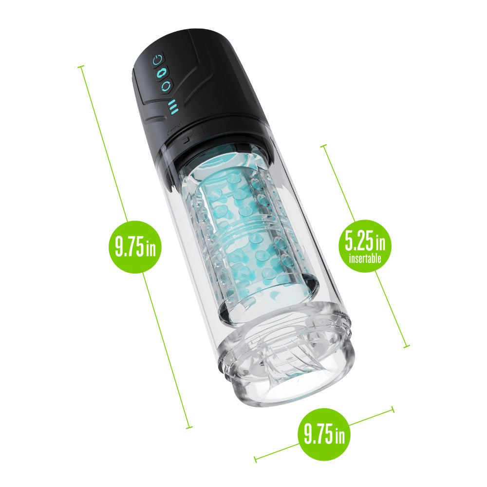 M For Men - Whirlwind Pro - USB Rechargeable Rotating & Sucking Auto Stroker with measurements shown.