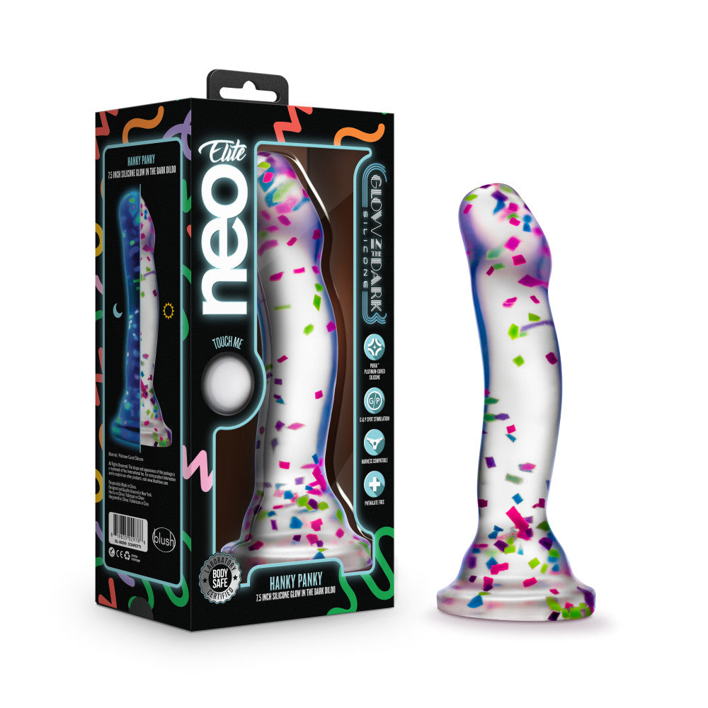 Neo Elite Glow Hanky Panky - Glow In Dark 19 cm Dong in colorful packaging, perfect for intimate essentials for her.