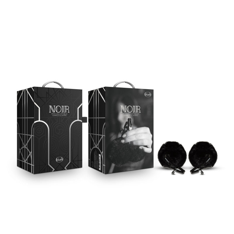 Noir Pom Adjustable Nipple Clamps - Black Furry Nipple Clamps packaging display with fluffy clamps.