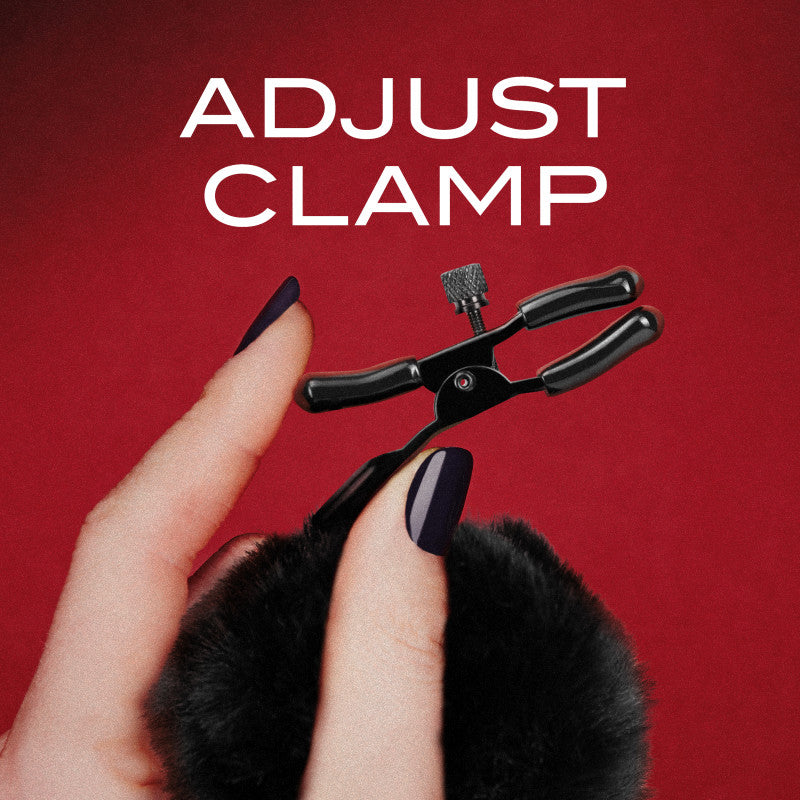 Noir Pom Adjustable Nipple Clamps - Black Furry Nipple Clamps being adjusted with fingers on a fluffy covering.