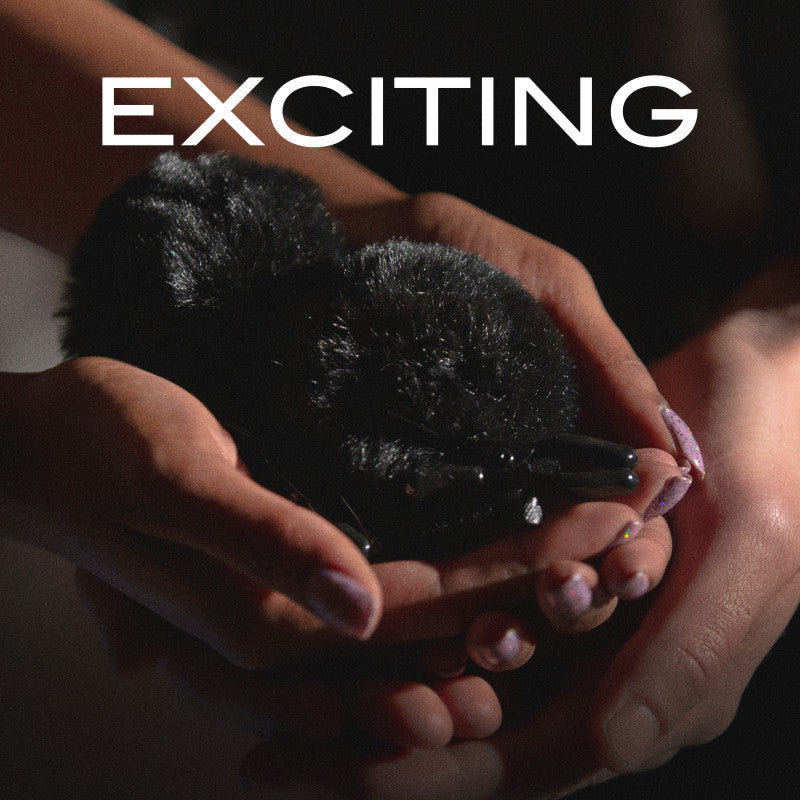 Noir Pom Adjustable Nipple Clamps - Black Furry Nipple Clamps held in hands for intimate pleasures.