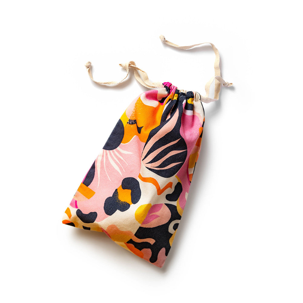 The Collection Burst - Cotton Toy Storage Bag featuring vibrant floral patterns and a secure drawstring closure.