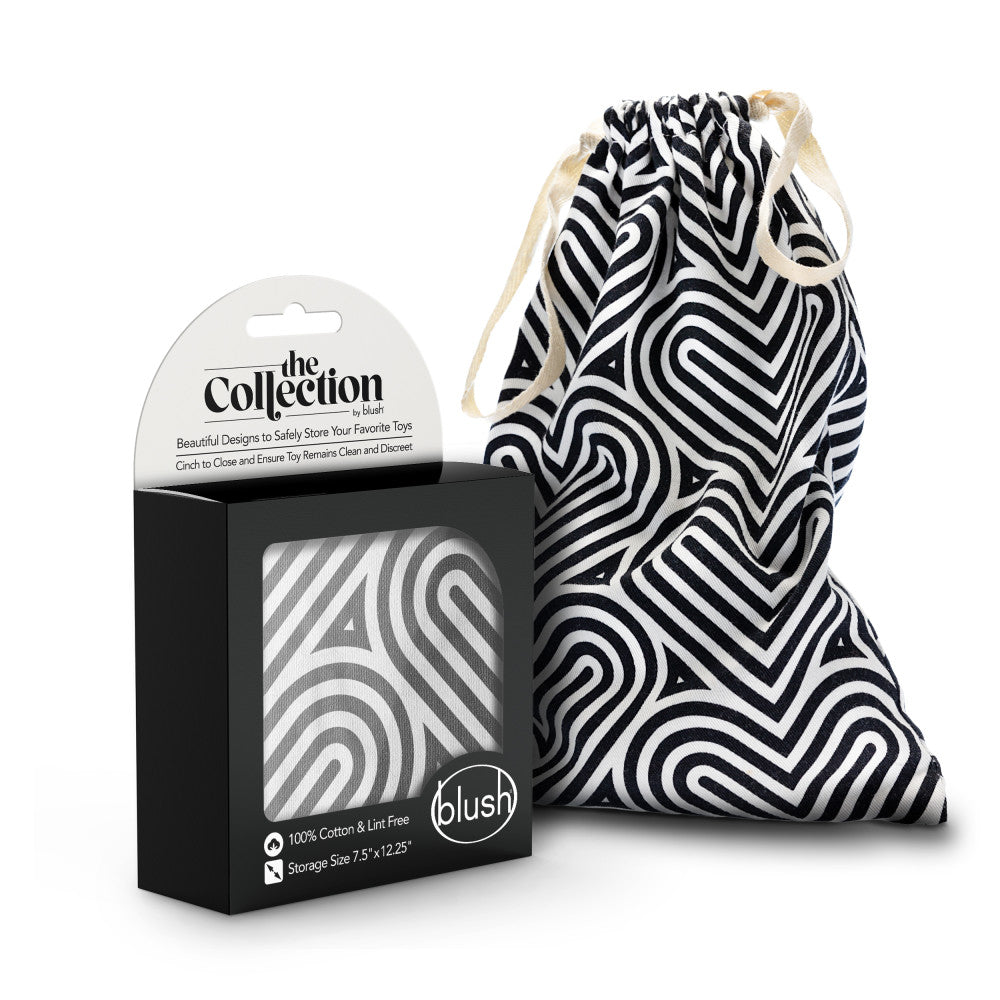 The Collection Embrace - Cotton Toy Storage Bag in stylish black and white design, perfect for storing intimate essentials securely.