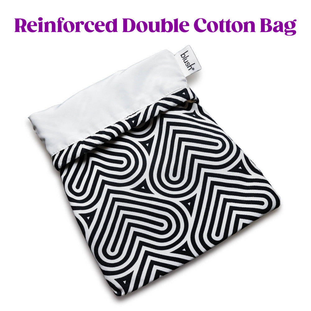 Reinforced Double Cotton Bag with stylish black and white design, ideal for storing intimate essentials and toys.
