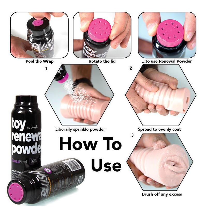 How to use Blush Toy Renewal Powder - 96 g Bottle with step-by-step instructions and visuals.
