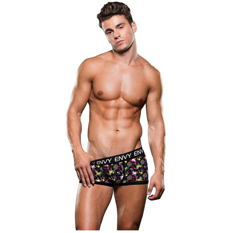 ENVY Disco Unicorn Trunk - L/XL - Model showcasing colorful unicorns on black boxer briefs, size L/XL.
