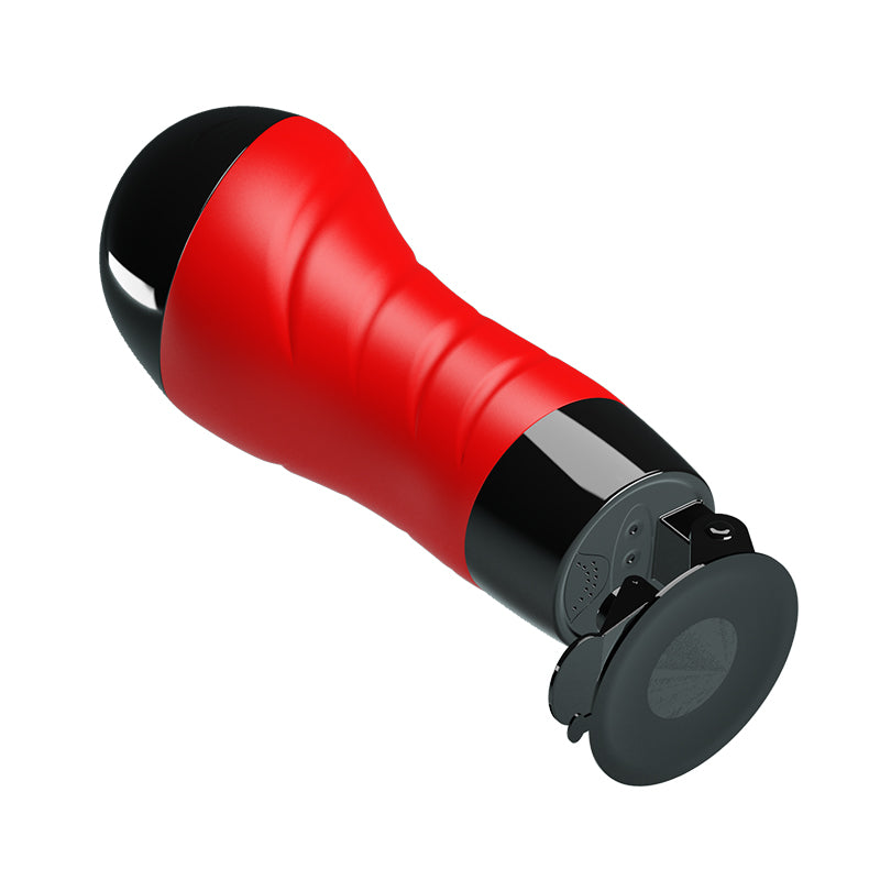 CRAZY BULL DELIA Vibrating Stroker - Vibrating Vagina Stroker with Suction Base, red and black design, high-tech masturbator.