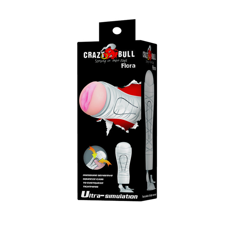 CRAZY BULL Flora Stroker - Squeezable Vagina Stroker with Suction Base packaging featuring realistic design and features.