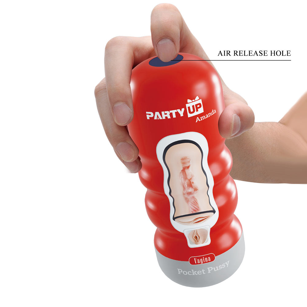 Party Up AMANDA Pocket Pussy -  Vagina Stroker held in hand demonstrating air release hole.