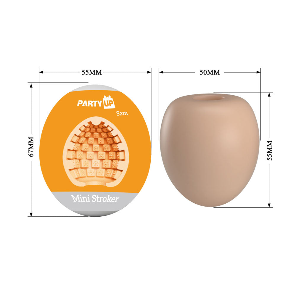 Party Up SAM Mini Stroker -  Mini Stroker packaging and dimensions, showcasing the ribbed interior for pleasure.