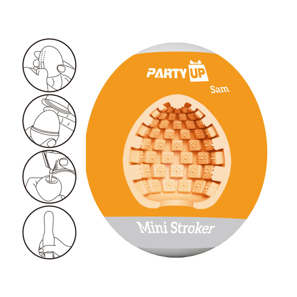Party Up SAM Mini Stroker - Mini Stroker packaging showcasing intimate essentials for solo satisfaction.